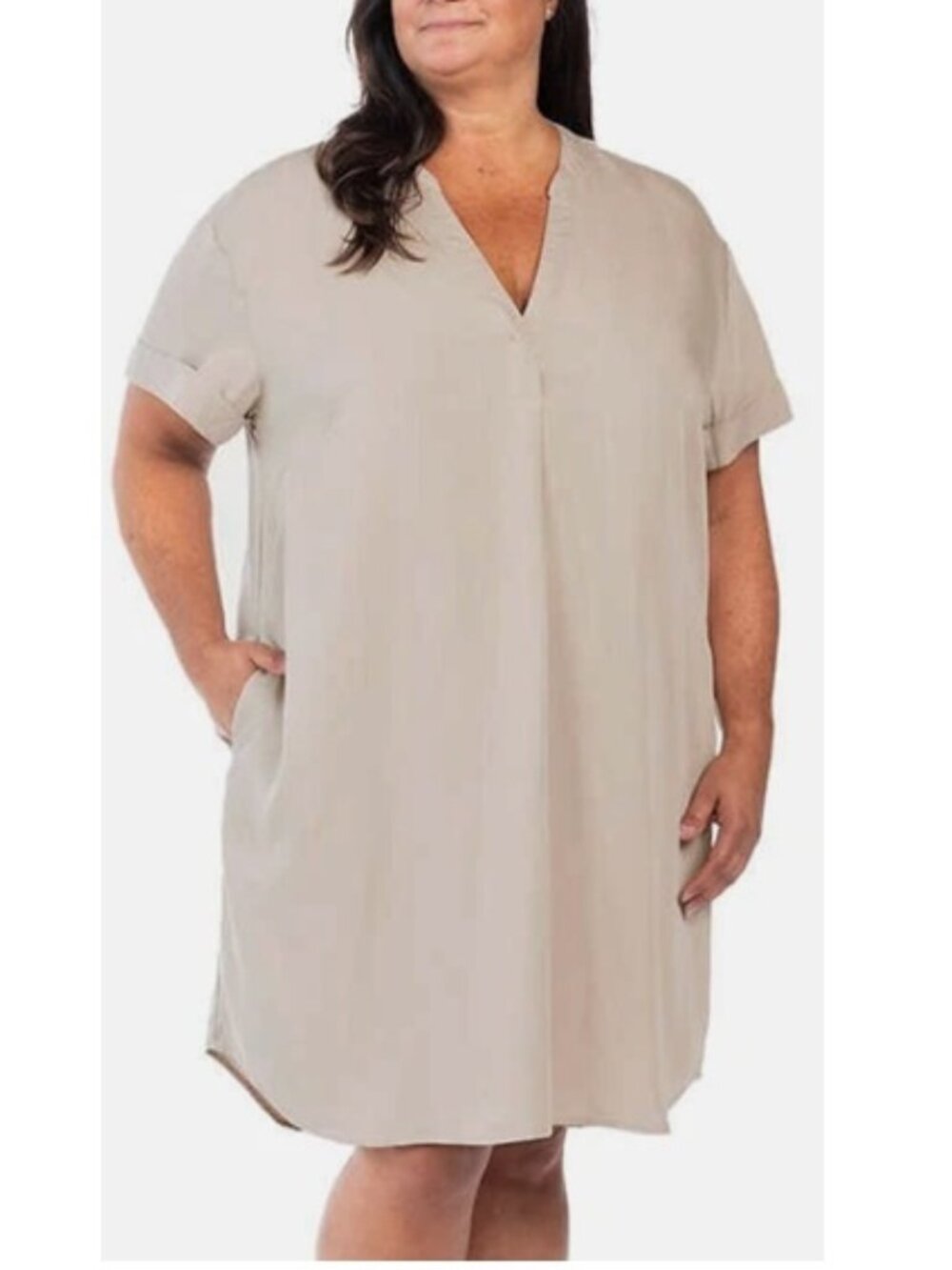 Hilary Radley Women's Tencel Shift Dress XXL Beige Taupe Short Sleeve Pockets